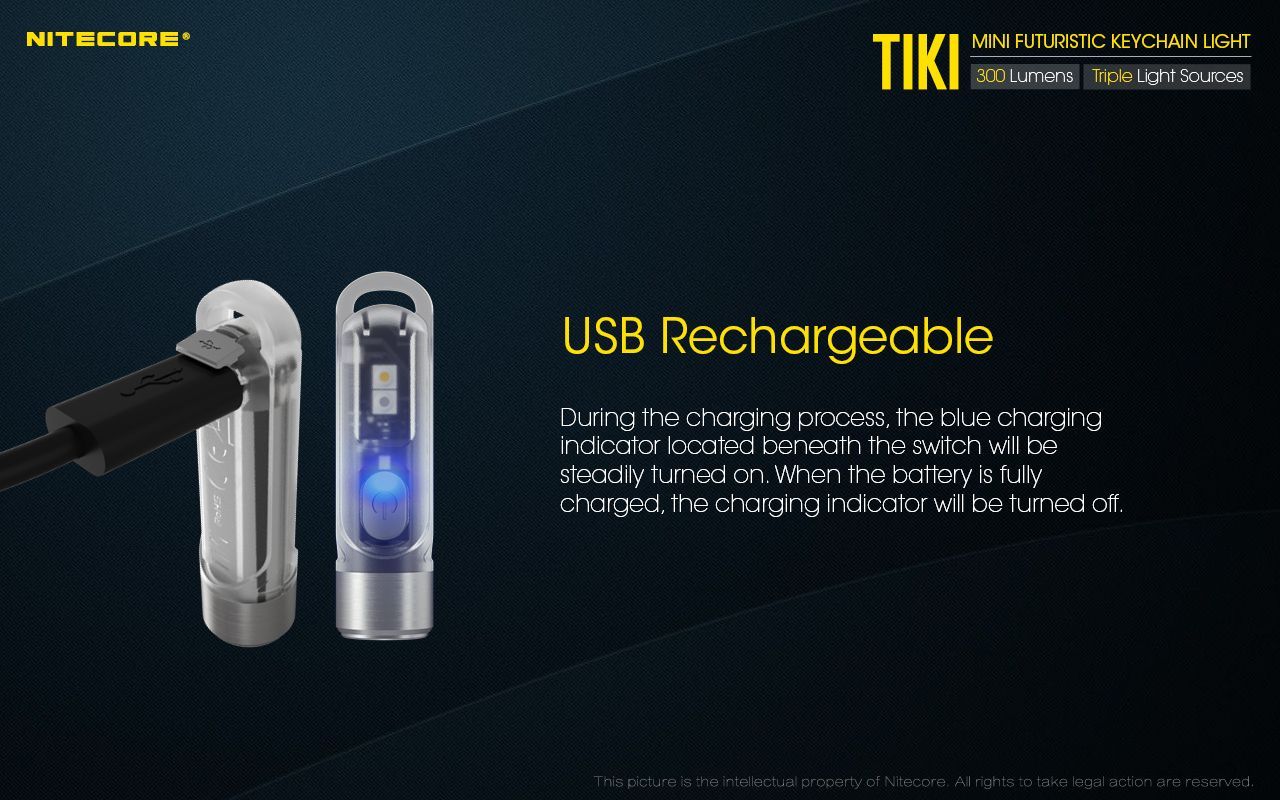 Nitecore - TIKI LE - Portachiavi Ricaricabile USB + Rosso/Blu - 300 lumens