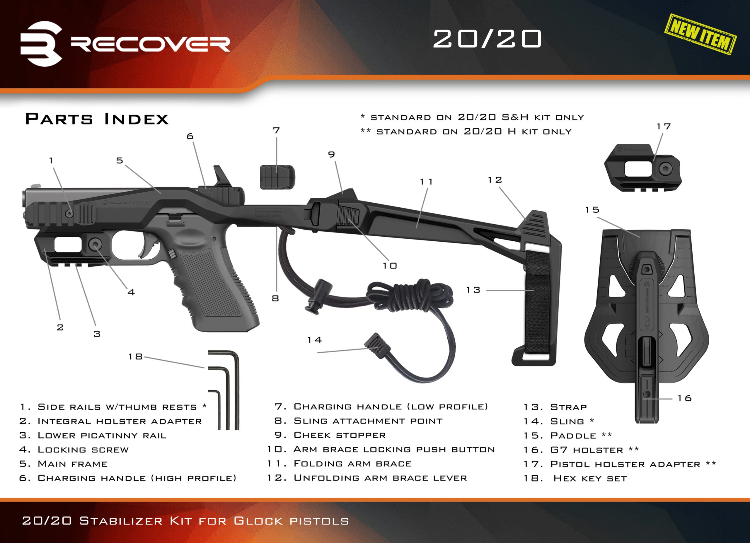 Recover Tactical® 20/20®N Stabilizer Kit for Glock – For all 9mm & 357 Double Stack Gen 1-5 Glocks incl. Glock 26. Compatible w/ all Double Stack Gen 1-4 SW40 Glock incl. Glock 27