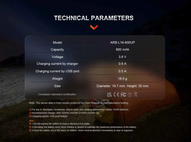 FENIX ARB-L16-800UP BUILT-IN USB-C RECHARGEABLE BATTERY