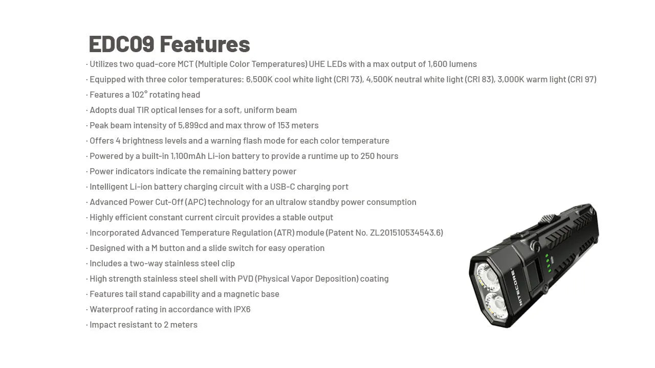 Nitecore - EDC09 - 1600 lumens e 153 metri - Torcia LED MCT con temperatura multipla di colore