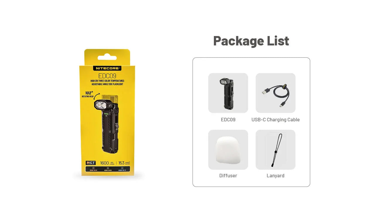 Nitecore - EDC09 - 1600 lumens e 153 metri - Torcia LED MCT con temperatura multipla di colore
